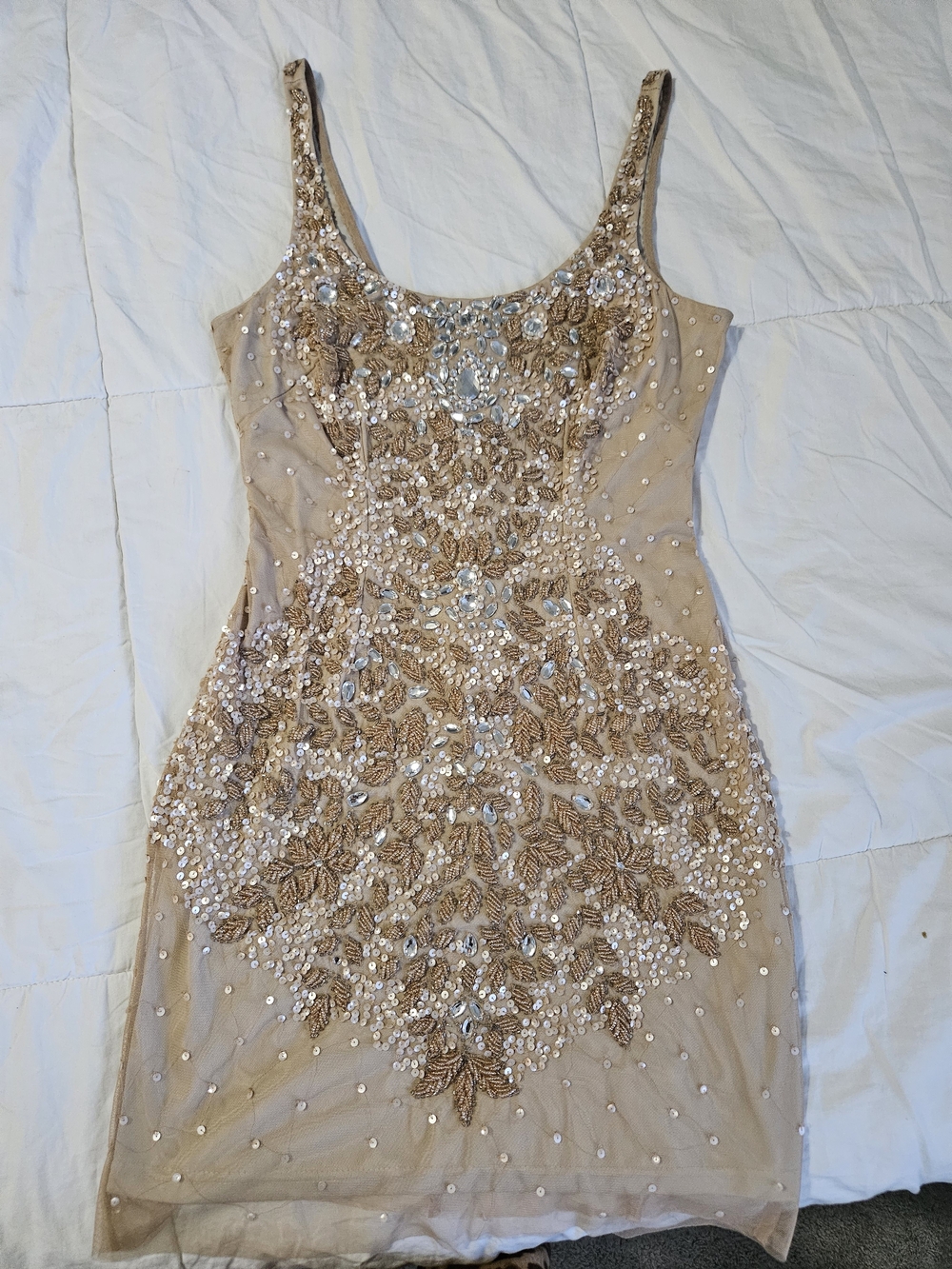 Adrianna Papell Champagne Embellished Sheer Tank Mini Dress
